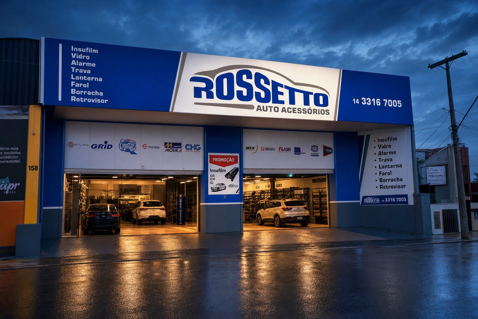 Fachada reformada da Rossetto Auto Acessórios ao anoitecer, com o interior da loja iluminado